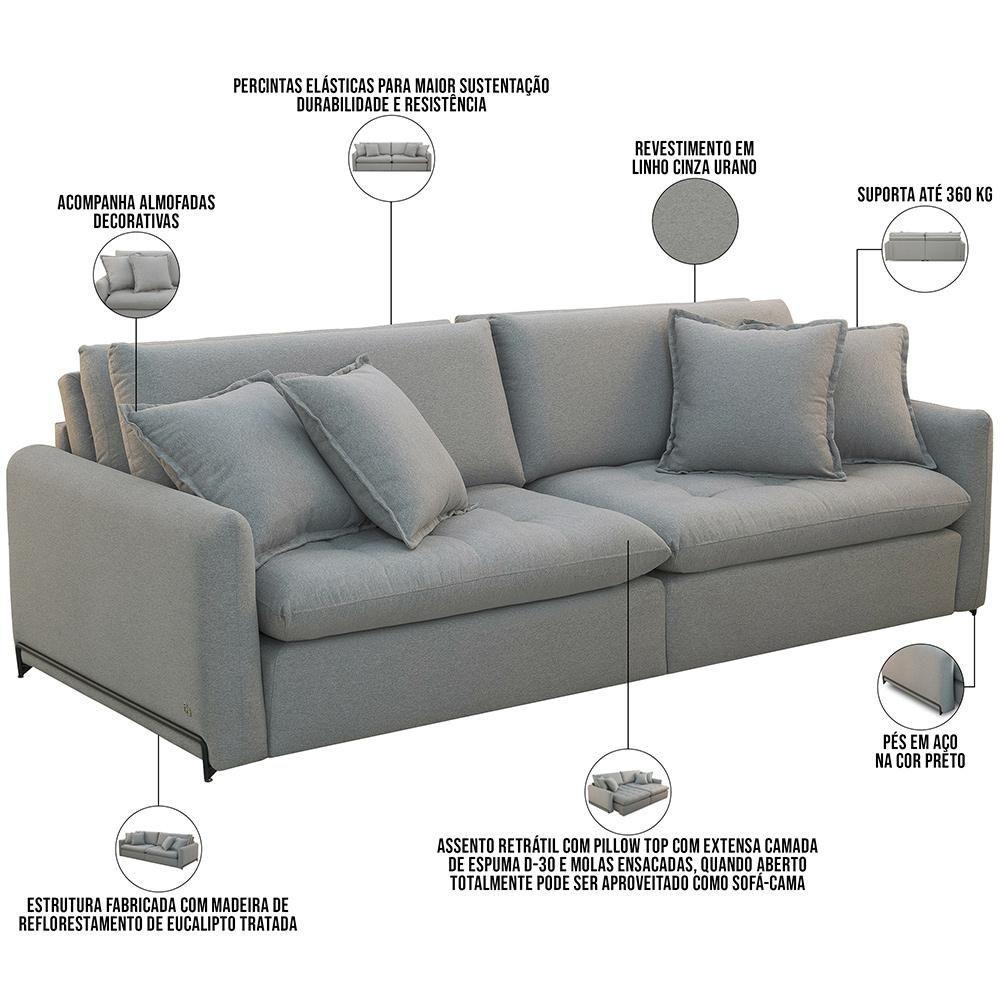 Sofá Cama Retrátil Para Sala De Estar 3 Lugares 230cm Lee T03 Linho Cinza Urano - Lyam Decor