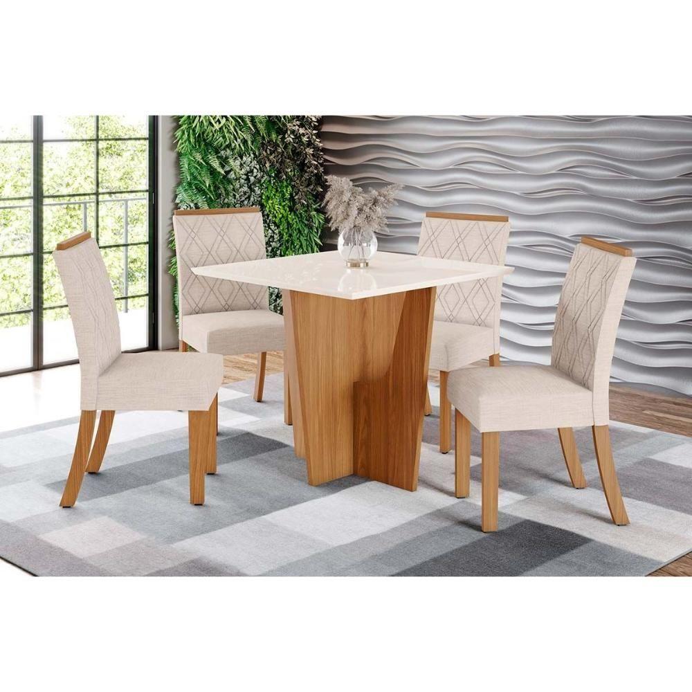 Miniatura Conjunto Mesa De Cozinha Vértice Com Tampo Reto Madeirado Com Vidro 90x90cm E 4 Cadeiras Vita Nature Linho Henn