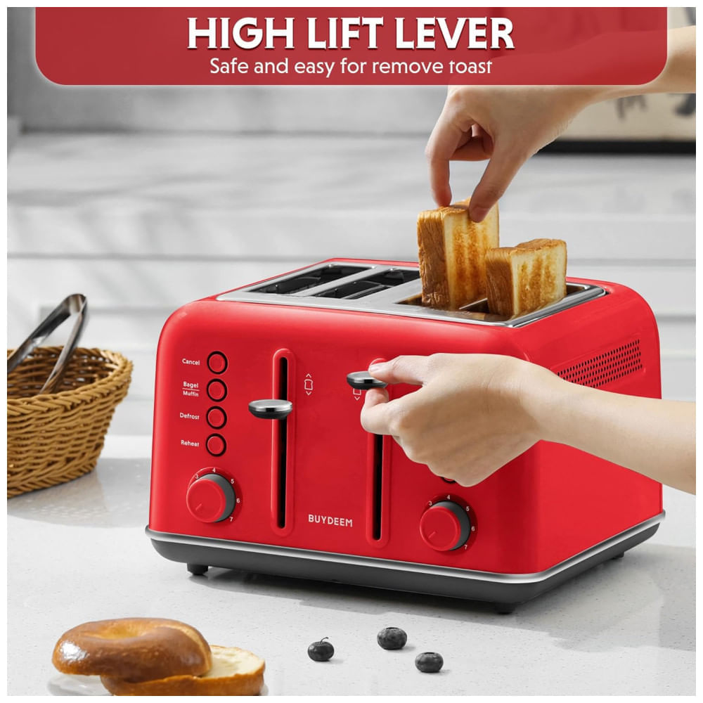 Miniatura Torradeira BUYDEEM DT640 4 Fatias, Slots Largos, Aço Inox, Alavanca Alta, Função Bagel e Muffin, Bandeja Removível - 110V