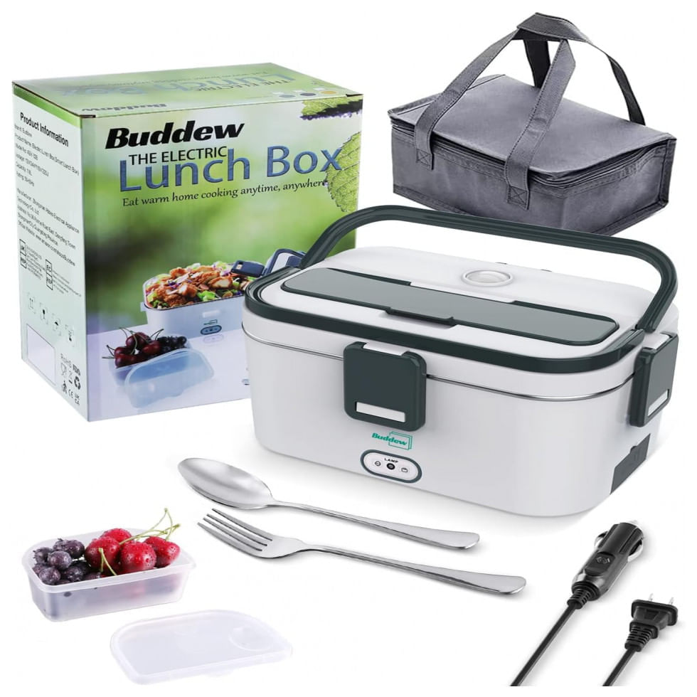 Miniatura Marmita Elétrica Portátil 1,8L com Garfo, Colher e Bolsa para Transporte, 12V bivolt 70W, Buddew, Verde e Cinza