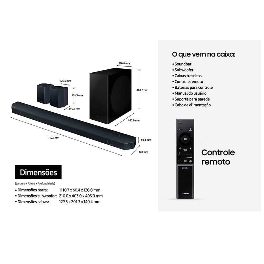 Soundbar Samsung HWQ930D com 9.1.4 Canais, Wireless Dolby Atmos, Alexa Integrado e 656W Bivolt