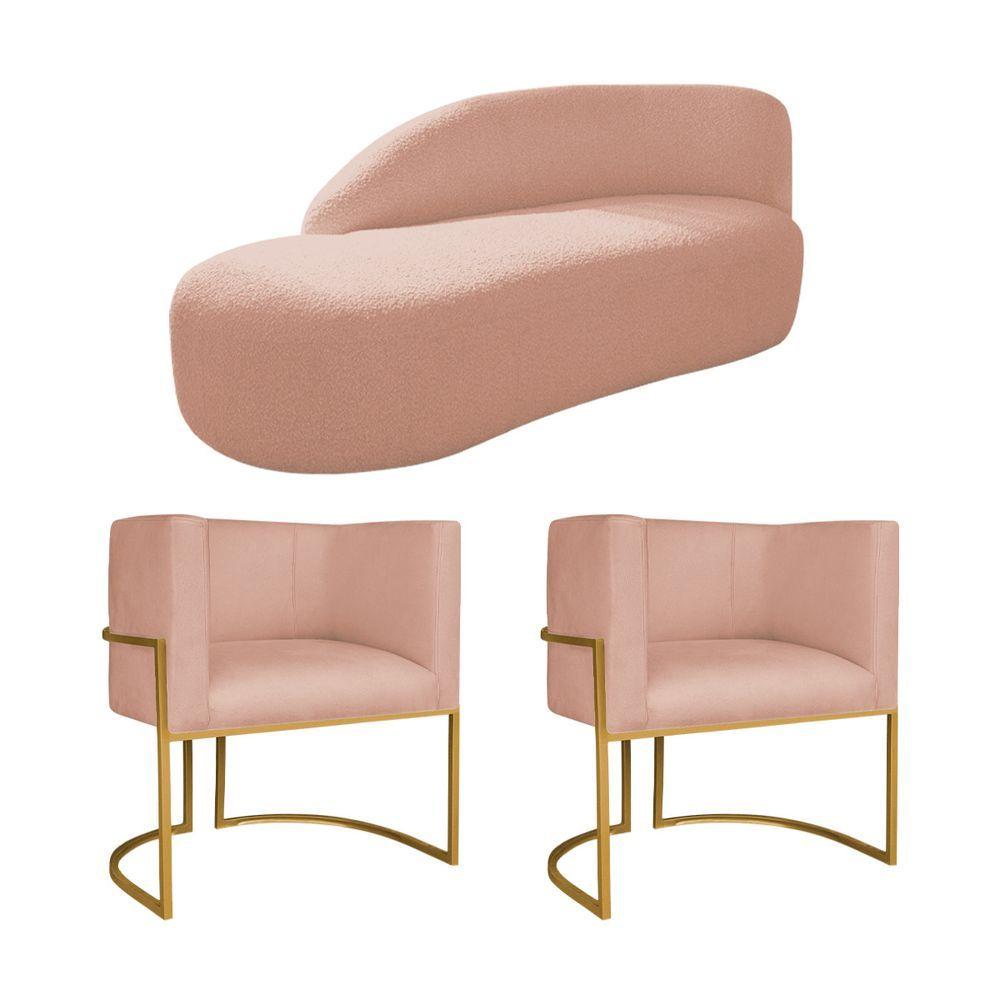Miniatura Kit Divã Luna 185cm Lado Esquerdo E 02 Poltronas Base De Ferro Dourado Suede Rosê