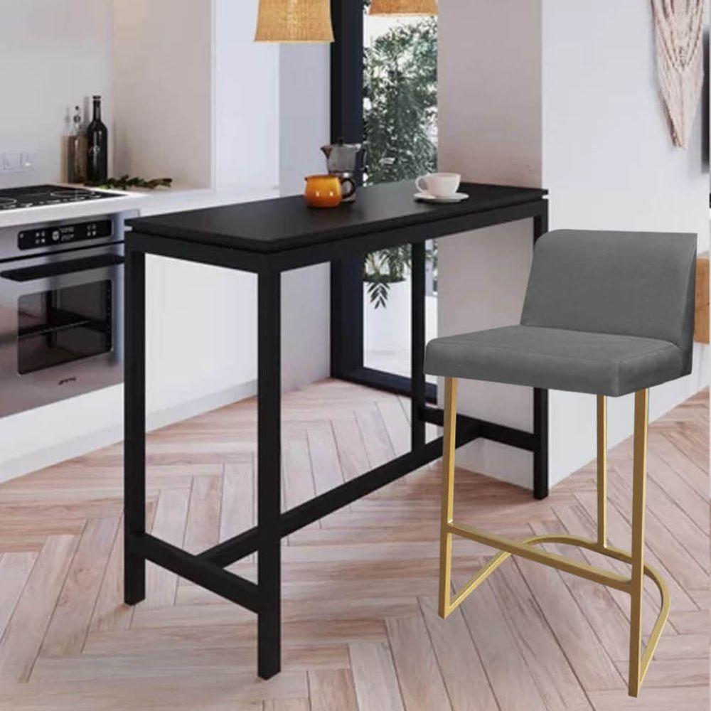 Miniatura Banqueta Com Encosto Noah Luxo Confort Bistrô Cozinha Ferro Dourado Suede Cinza - Amey Decor
