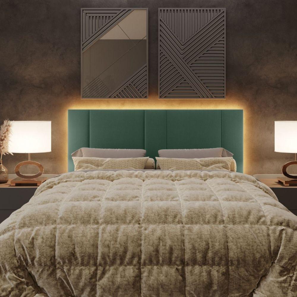 Cabeceira Estofada Cama Casal Queen Size Led Moderna 160 Cm Veludo Verde