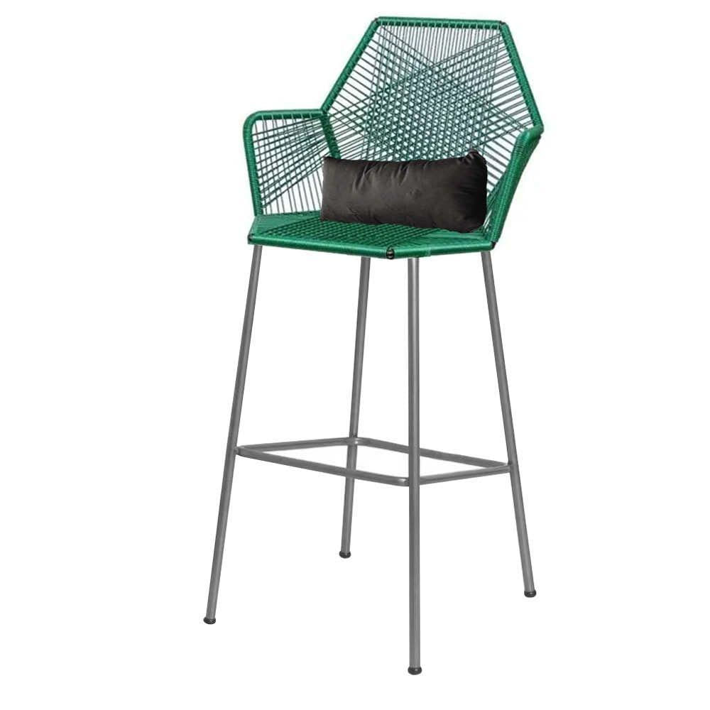 Miniatura Banqueta Alta Com Encosto Ferro Prata Fibra Verde Almofada Cinza