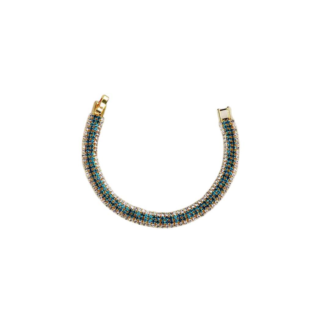 Miniatura Pulseira Dourada Faixas Strass Cores Azul