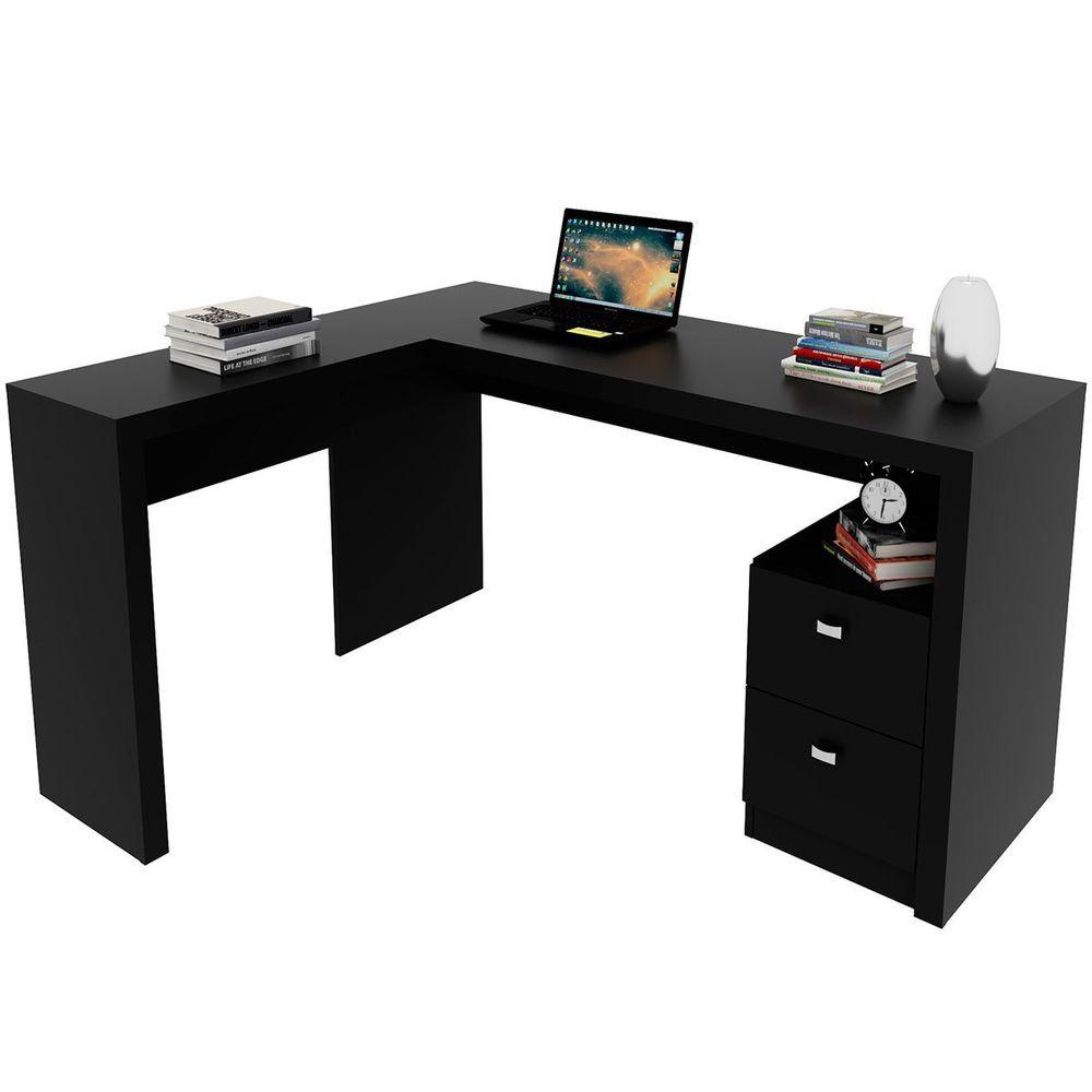 Miniatura Mesa De Canto Para Escritório Em L Angular Com 2 Gavetas Preto
