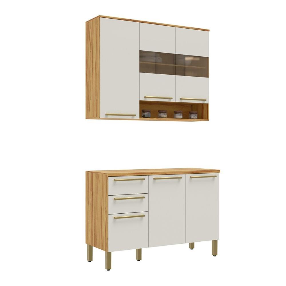 Miniatura Cozinha Modulada Compacta 2 Peças 6 Portas 2 Gavetas com Tampo e Vidro Reflecta 100% Mdf Itália Espr Amêndoa/Off White