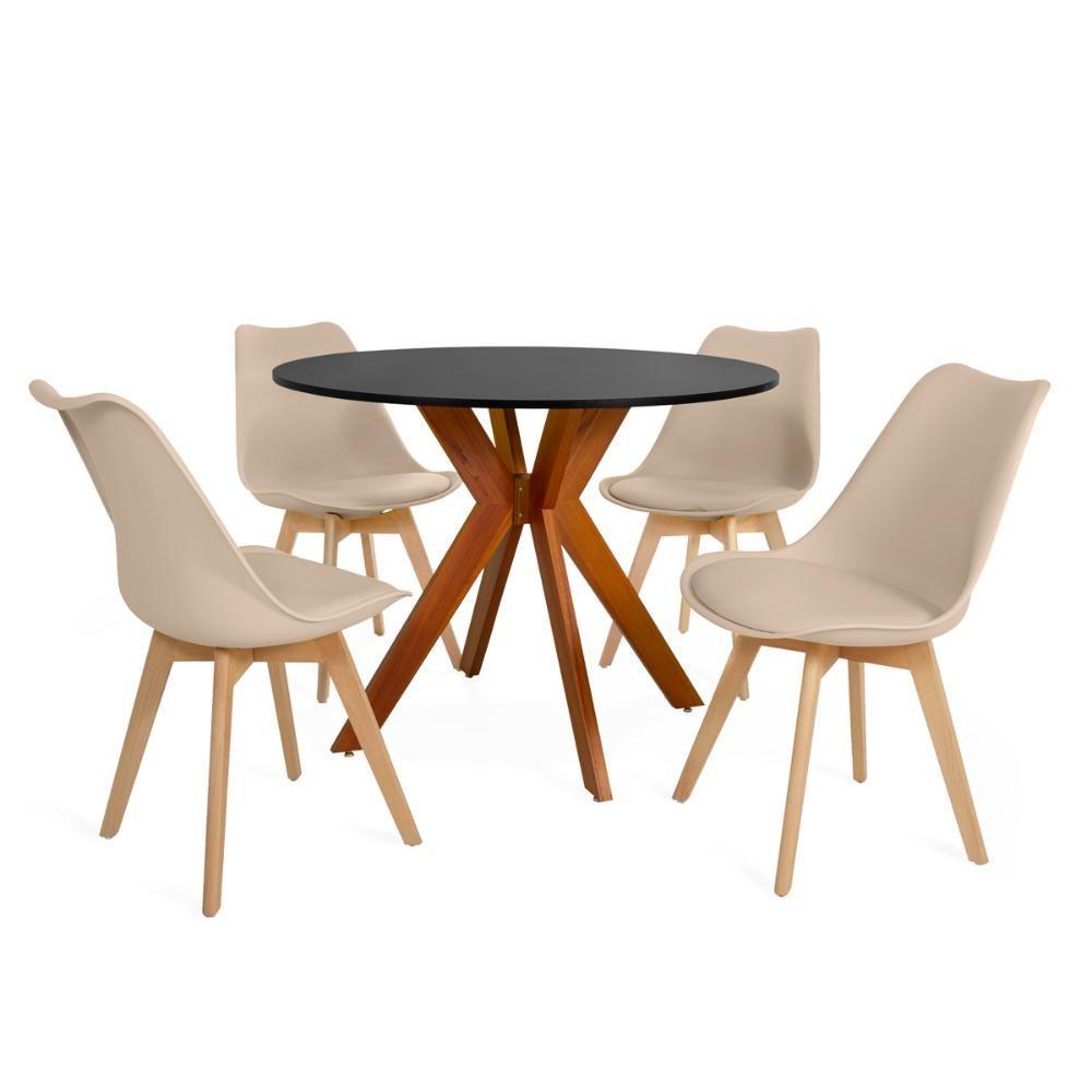 Miniatura Conjunto Mesa De Jantar Redonda Marci 100cm Preta Com 4 Cadeiras Leda Nude
