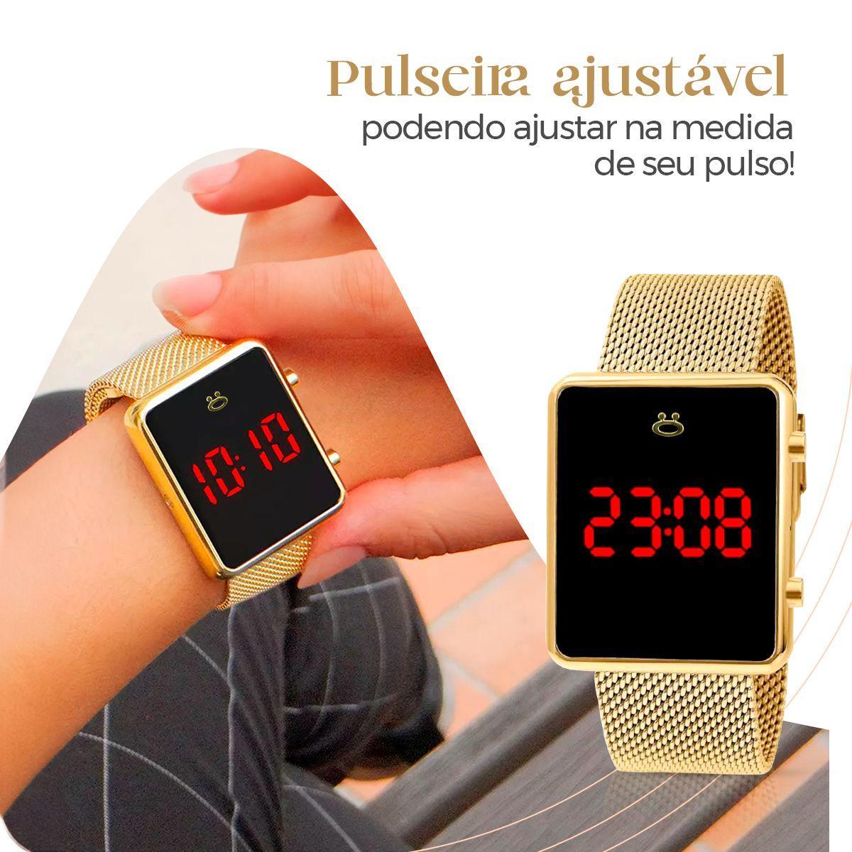 Miniatura Relógio Digital Feminino Banhado A Ouro + Colar + Brincos +