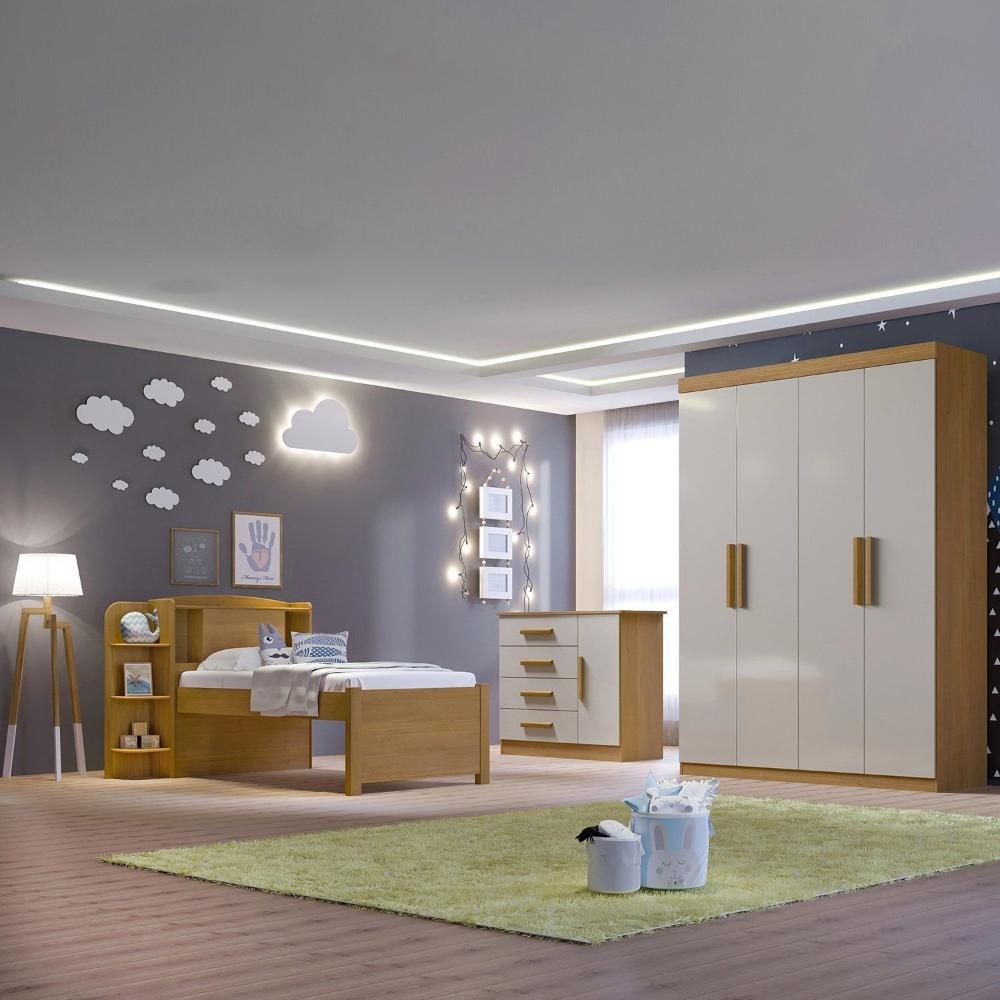 Miniatura Quarto Infantil Completo com Guarda-Roupa Cama 100% MDF e Cômoda Angel Cinamomo / Off White