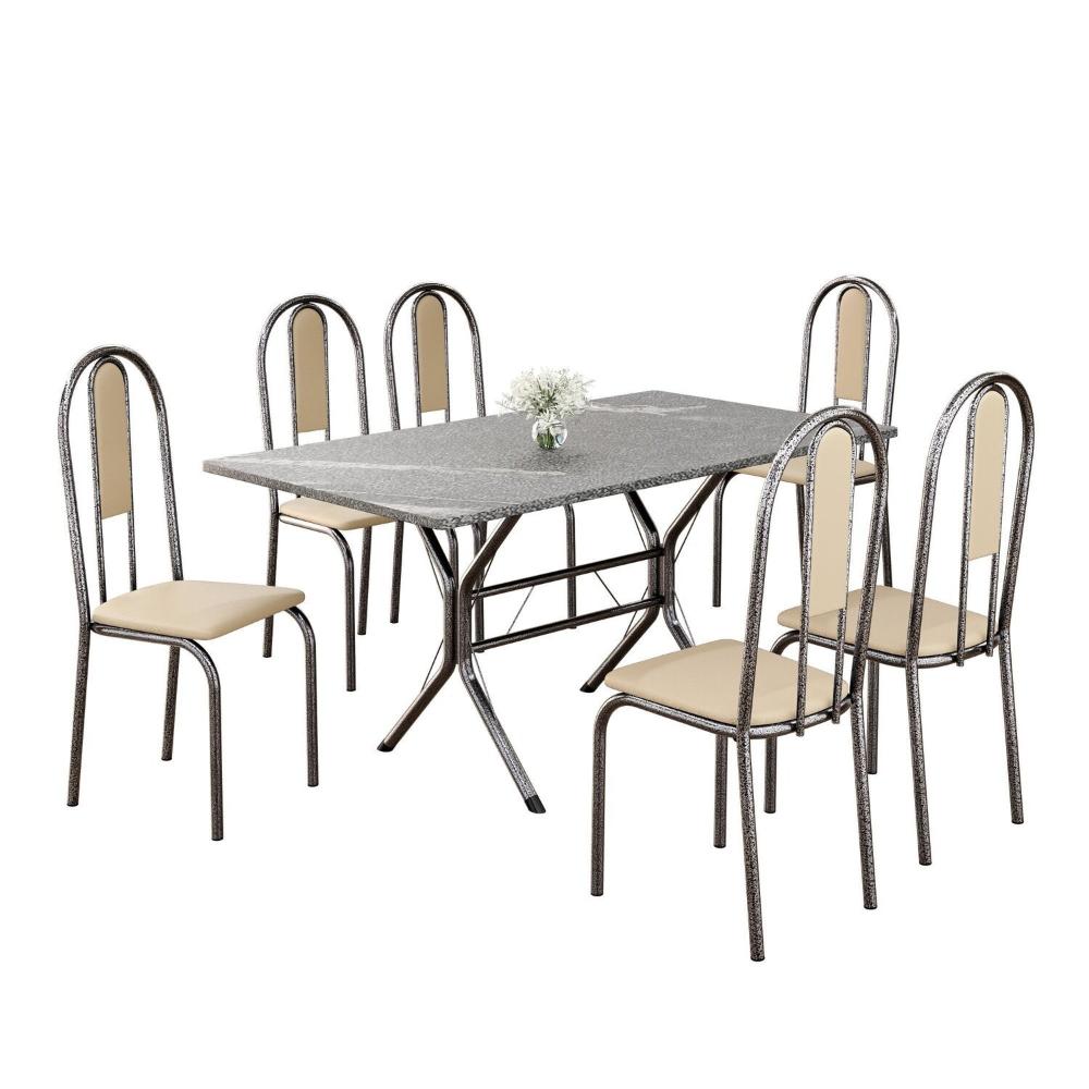 Miniatura Conjunto Sala de Jantar Mesa Retangular 140x75cm Tampo Granito Topázio 6 Cadeiras Linda Yescasa Creme/Prata