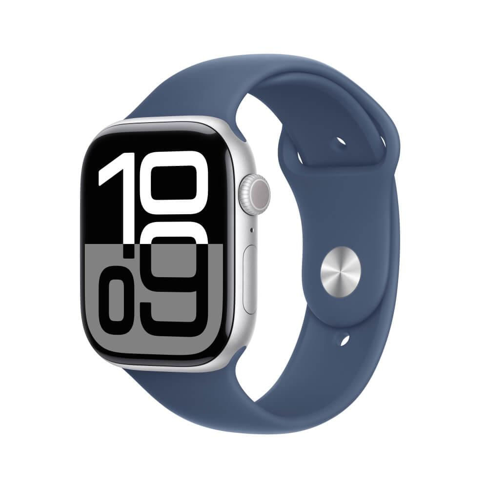 Miniatura Apple Watch Series 10 GPS + Cellular • Caixa prateada de alumínio – 46 mm • Pulseira esportiva denim – P/M