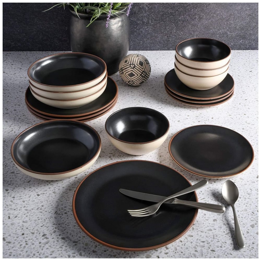 Aparelho de Jantar Clássico com 16 Peças em Cerâmica Serve 4 Pessoas, Gibson Elite Contempo, Preto