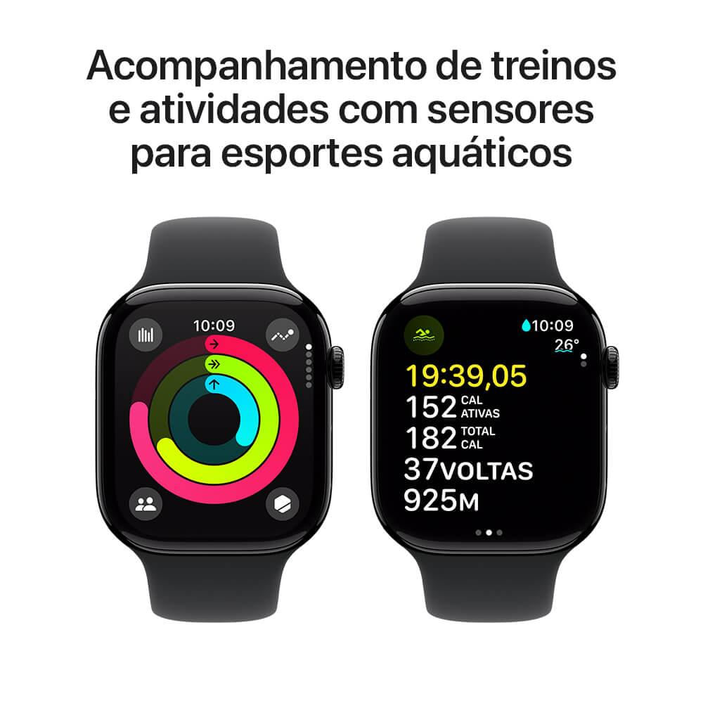 Apple Watch Series 10 GPS • Caixa preta brilhante de alumínio – 46 mm • Pulseira esportiva preta – P/M