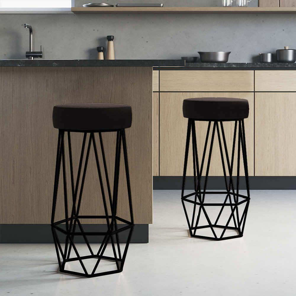 Miniatura Banqueta Com Encosto Mhara Hexágono Cozinha Bar Ferro Preto Sintético Marrom - Ahazzo Móveis