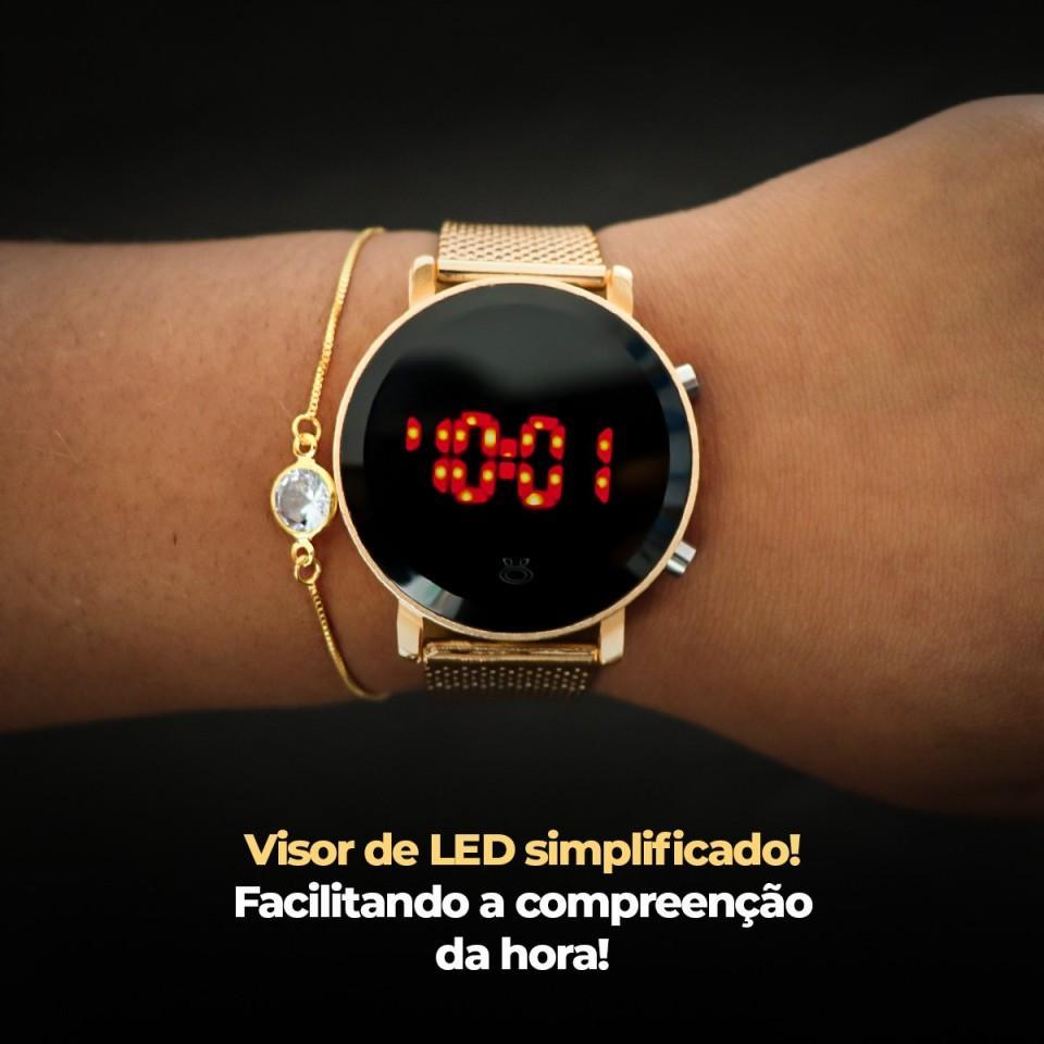 Miniatura Kit Relógio Feminino Digital Led Dourado Silicone Moda