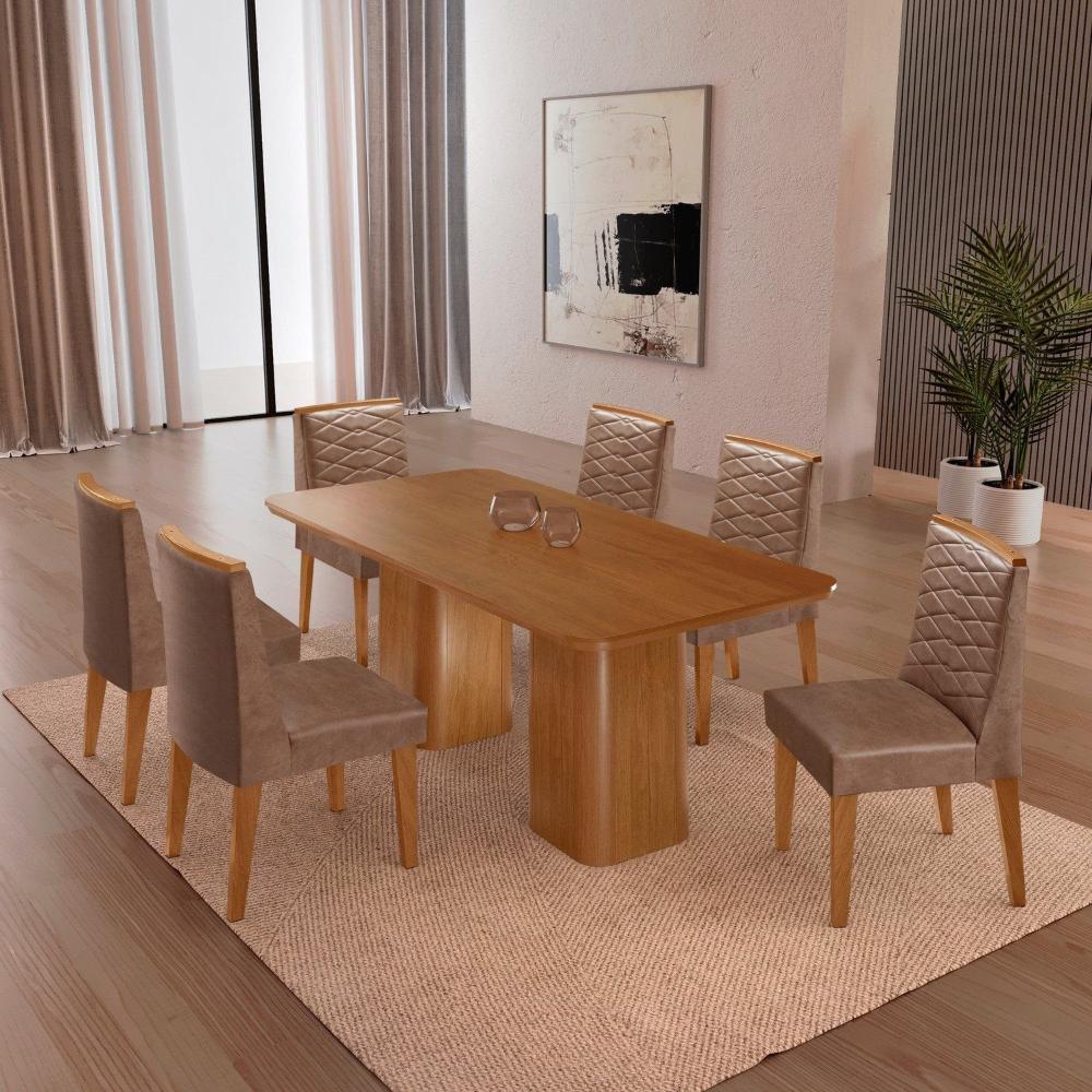 Miniatura Mesa 180cm Tampo Mdf Canto Copo 6 Cadeiras Sakura NATURALLE / OFF WHITE