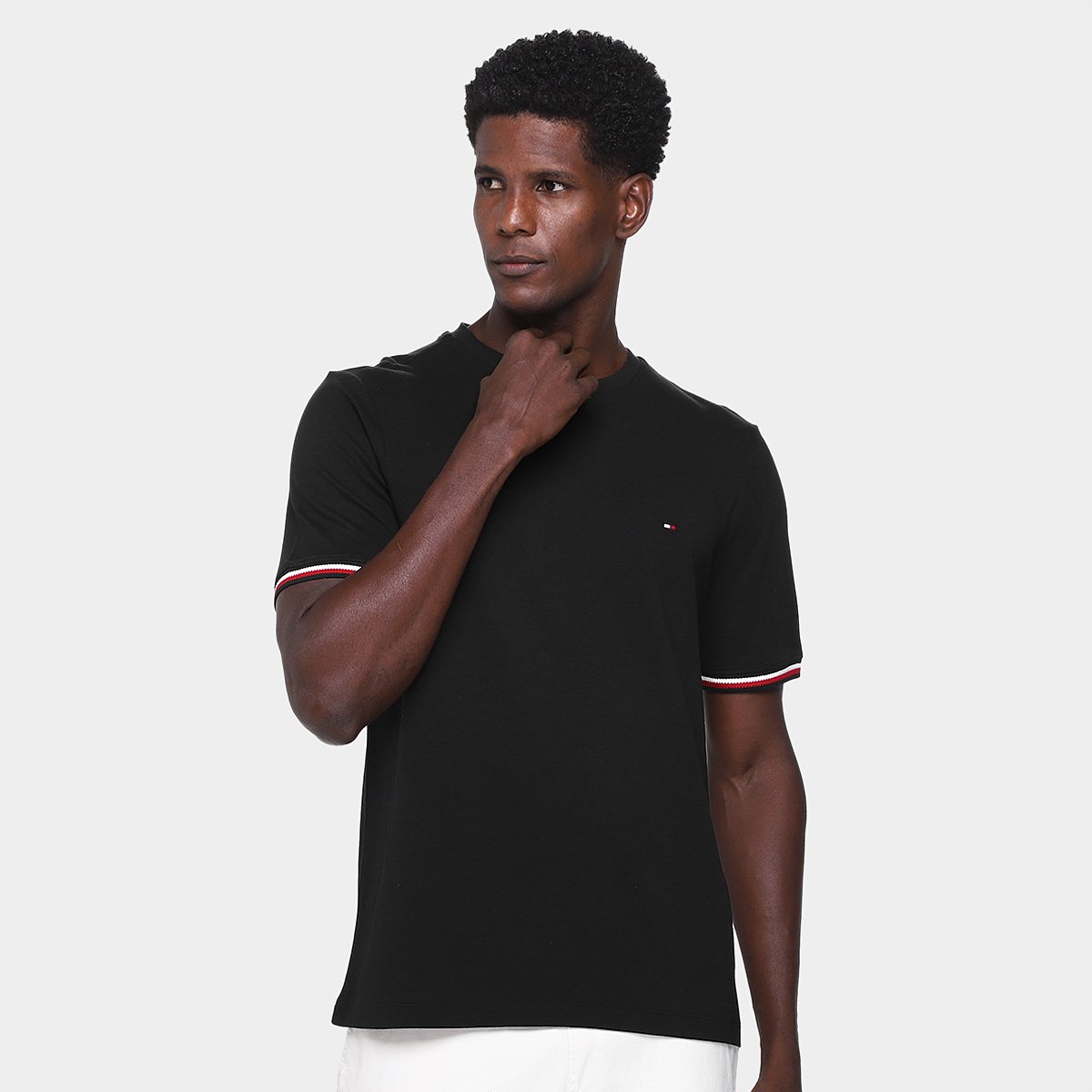 Miniatura Camiseta Tommy Hilfiger Global Stripe Cuff Masculina Preto - G