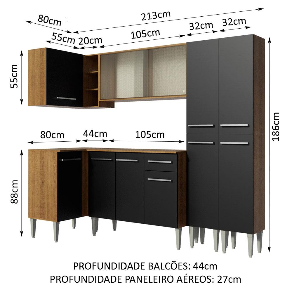 Miniatura Cozinha Completa de Canto Madesa Emilly Self com Balcão, Armário de Vidro e Paneleiro Rustic/Preto