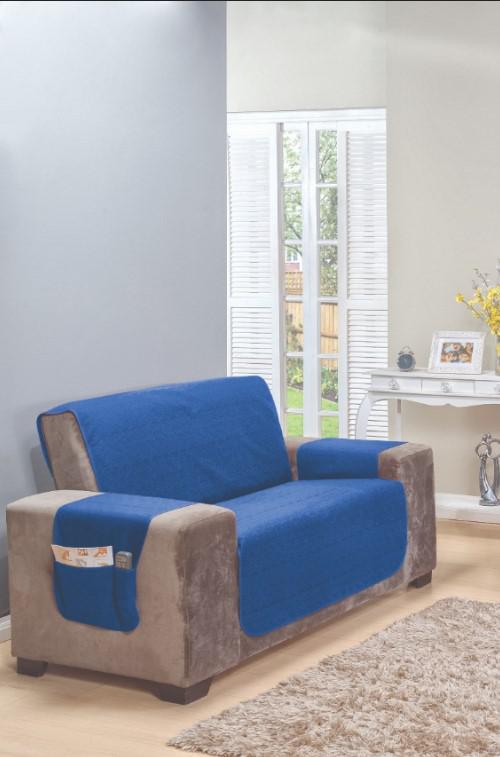 Protetor Sofá 2 Lugares Rustic Decor Com Bolso Azul Marinho