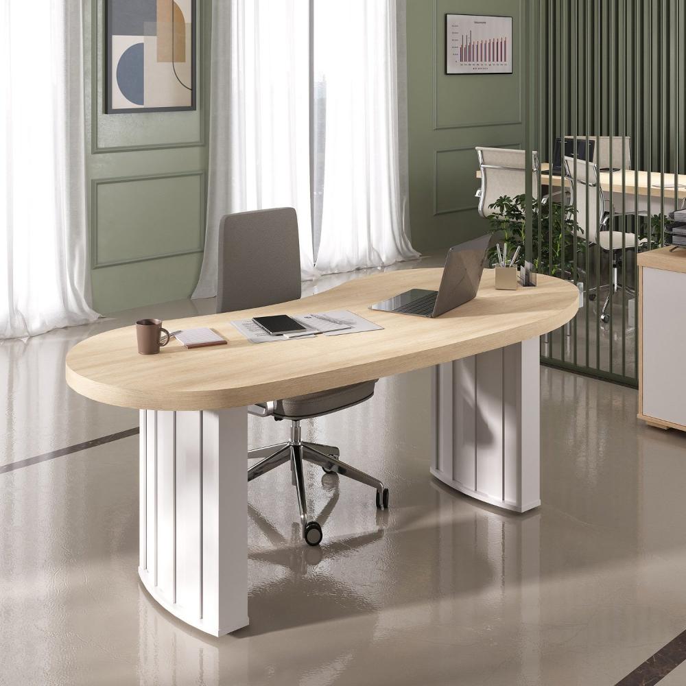 Miniatura Mesa Para Escritório 200cm Curvas Orgânicas Tampo Tamburato Diretor Artany Carvalho/Branco