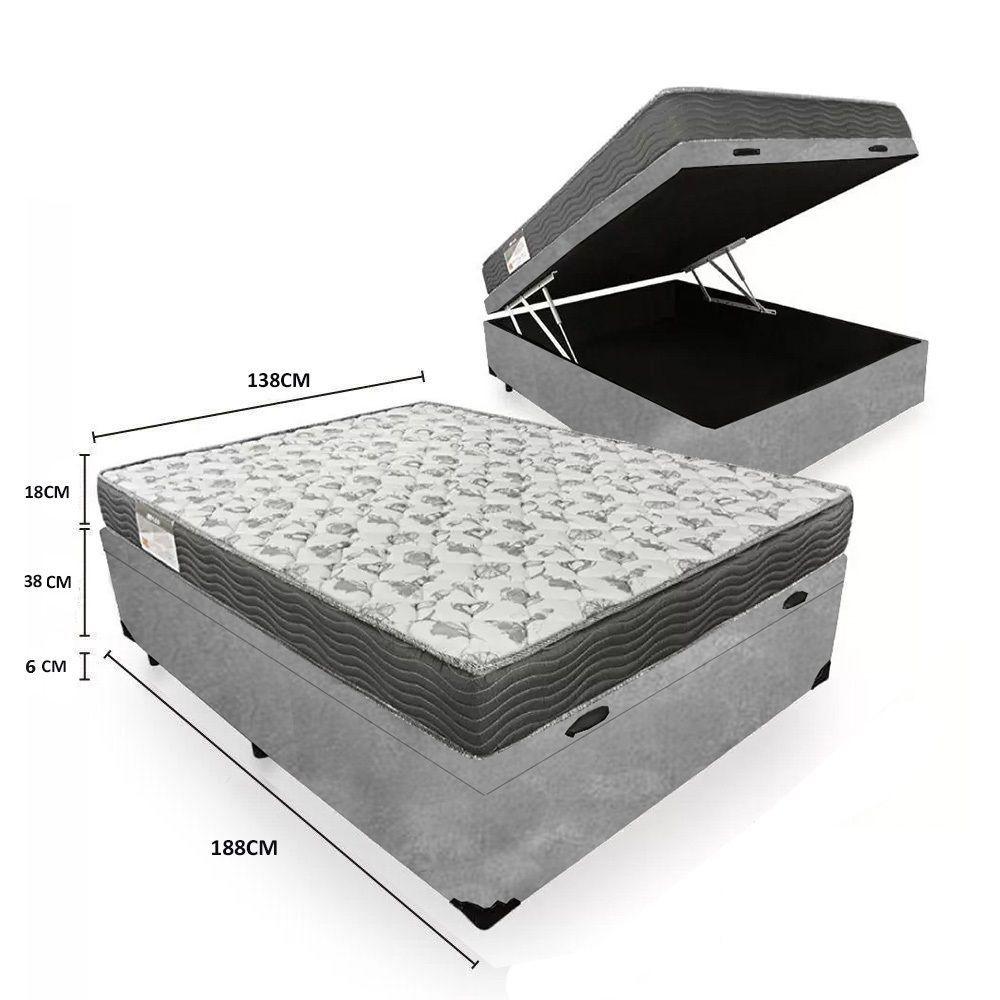 Miniatura Cama Box Baú Casal Suede + Colchão De Molas Ensacadas Sereneprime 138x188x62cm Cinza