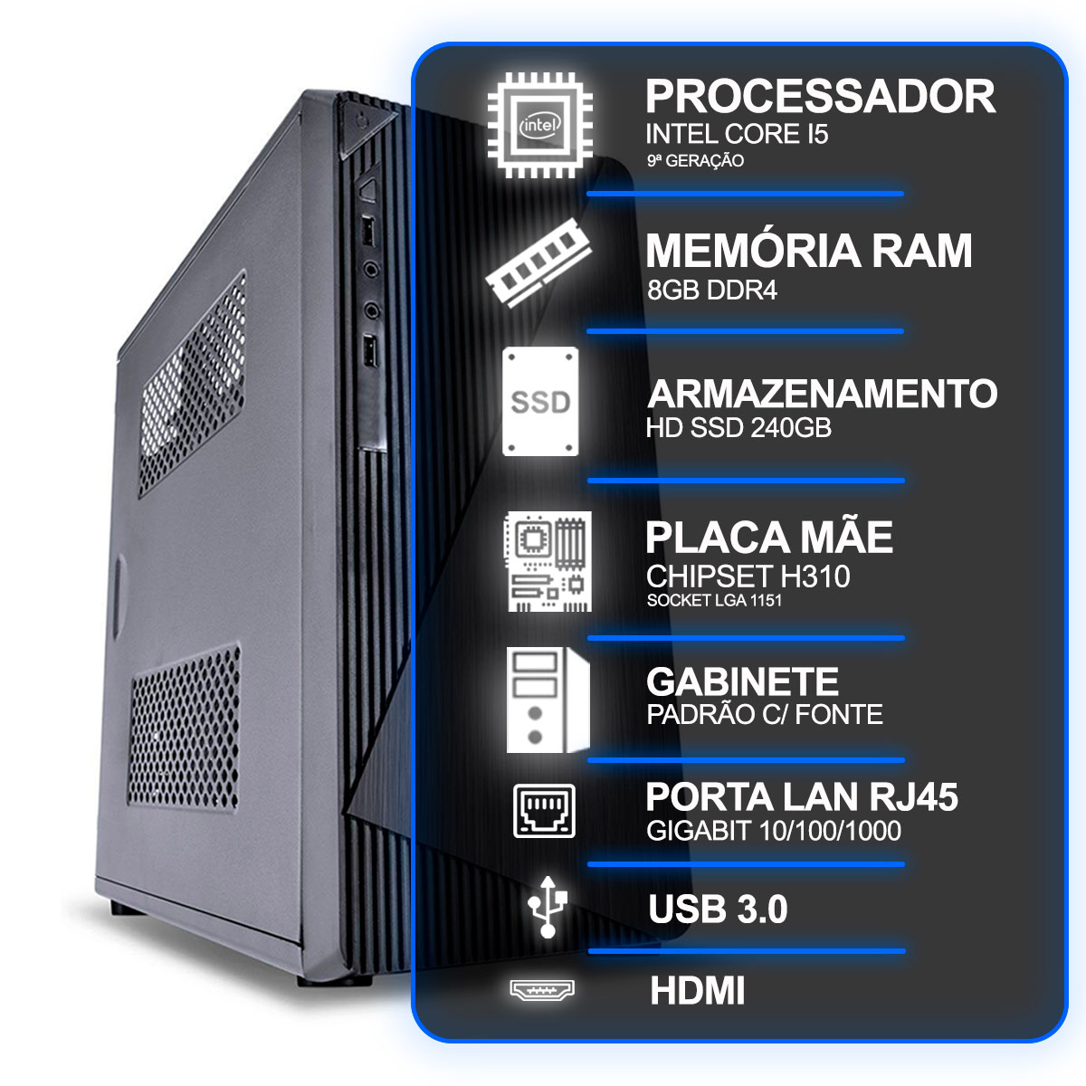 Miniatura Computador Desktop, Intel Core I5 9º Geração, 8GB RAM, HD SSD 240GB, Conexões USB/VGA/HDMI/LAN/SOM