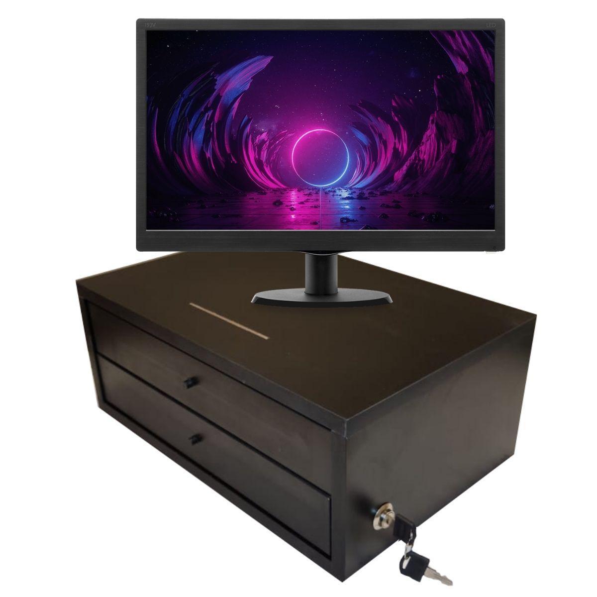 Miniatura Suporte Monitor Mdf 2 Gavetas Chave Cofre Preto