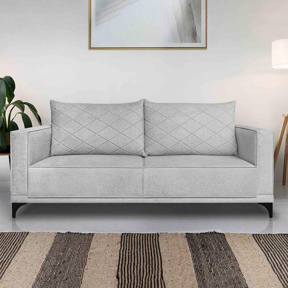 Miniatura Sofá Living 2 Lugares Com Pés De Ferro Almofadas Soltas 180cm Neso Bouclê Cinza