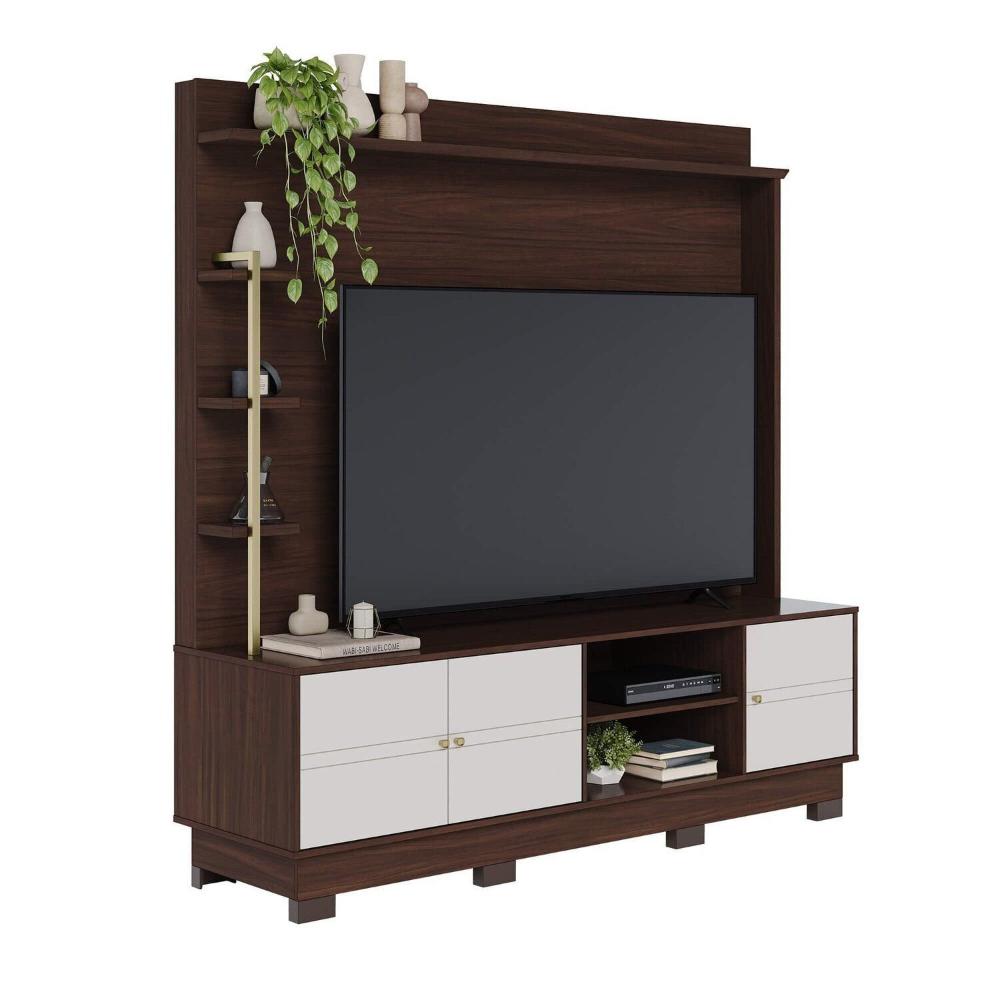 Miniatura Home Theater 180 Cm para Tv até 70 Polegadas com 3 Portas Paraná Nogueira Real/Off White Matte