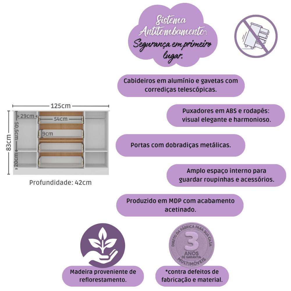 Miniatura Berço Americano 3 em 1 com Cômoda 2 Portas 4 Gavetas Encanto Multimóveis MP4691 Branco