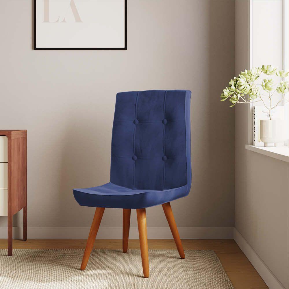 Miniatura Cadeira De Jantar Drop Com Botão Base Pé Palito Carvalho Sintético Azul Marinho - Amey Decor