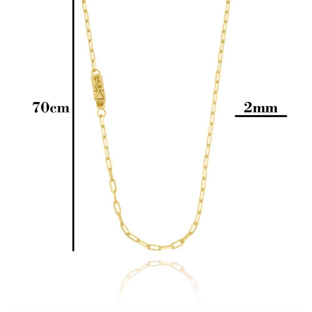 Miniatura Corrente Elo Alongado Fecho Gaveta 2mm - 5g - 70 Cm + Pingente Cruz Alto Relevo - 2,5 X 1,5 Cm