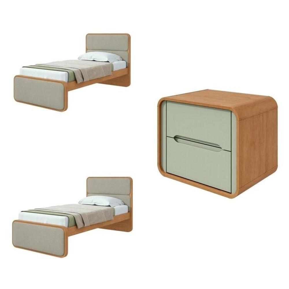 Miniatura Quarto Infantil com 2 Camas Solteiro Loop Tecido Boucle e Mesa de Cabeceira 2 Gavetas Loop Amendoa Clean/Salvia