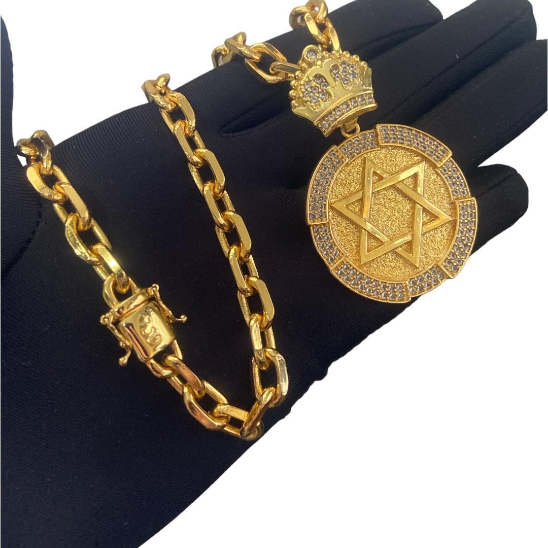 Miniatura Cordão Cadeado 8Mm + Pingente Estrela De Davi Banhado A Ouro