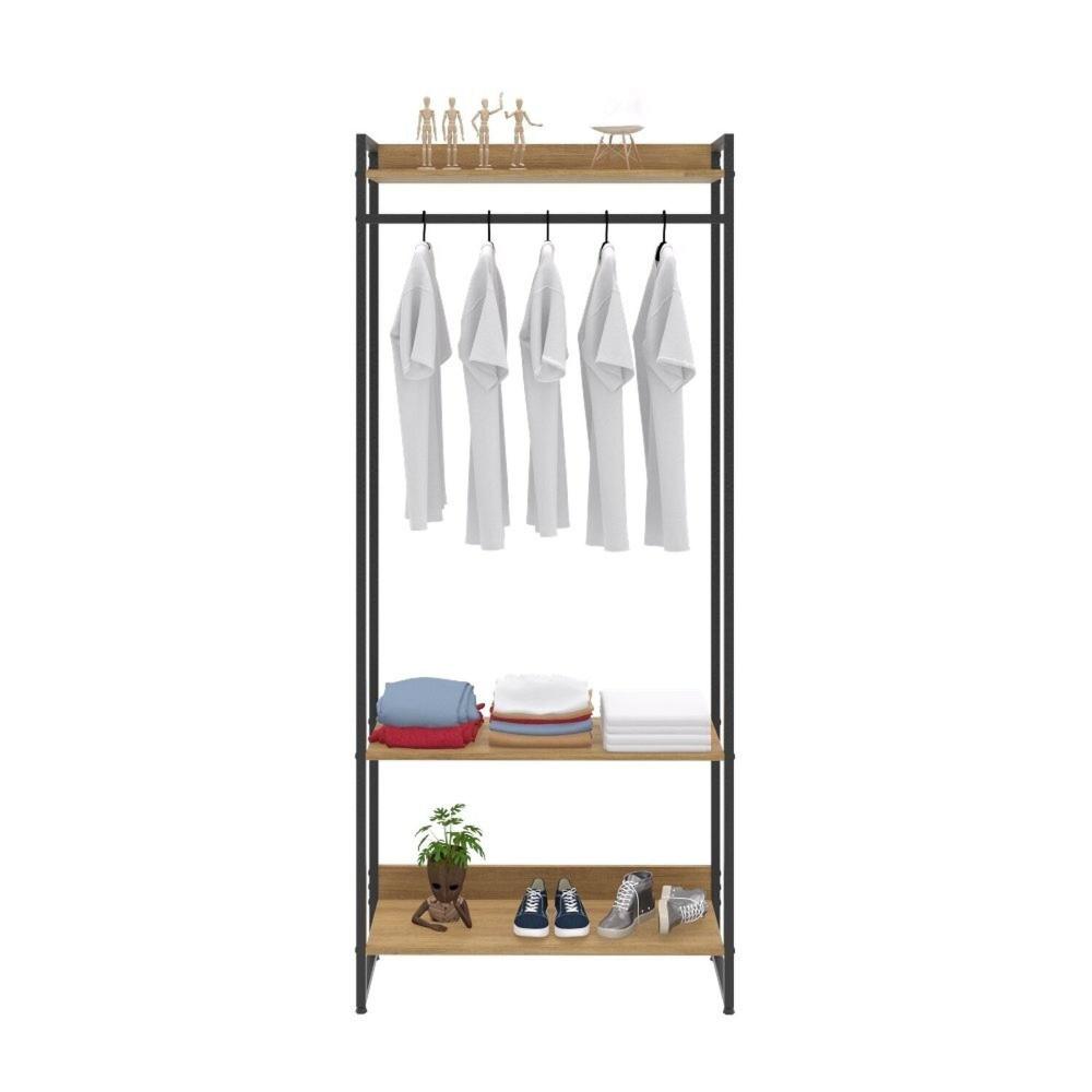 Miniatura Estante Closet Arara Industrial 3 Prateleiras 187x80cm Dynamica Yescasa Lamina Mel / Preto
