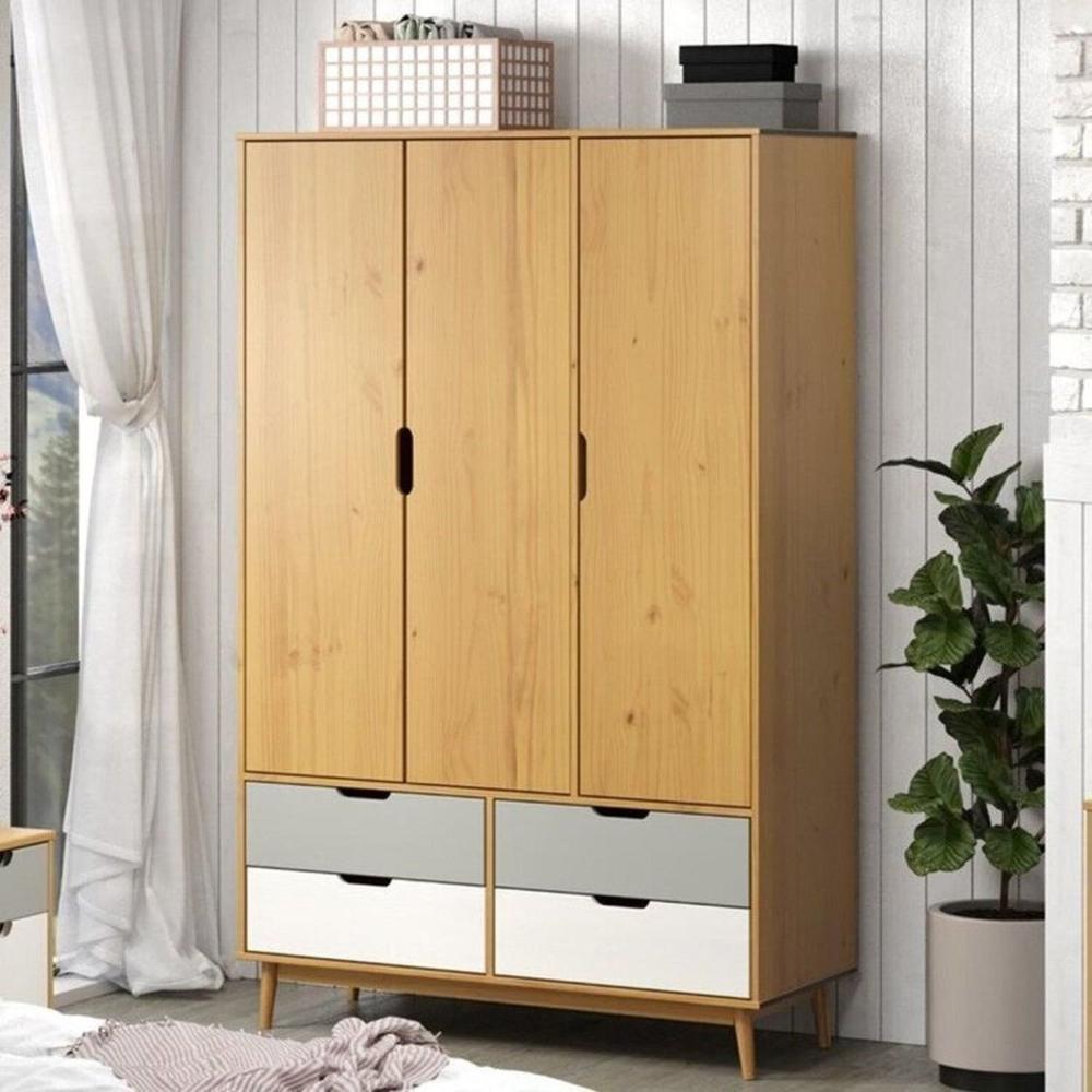 Miniatura Conjunto Quarto em Madeira Maciça Guarda-Roupa 3 Portas e Cômoda 3 Gavetas Nórdica Yescasa Roble/Cinza/Branco