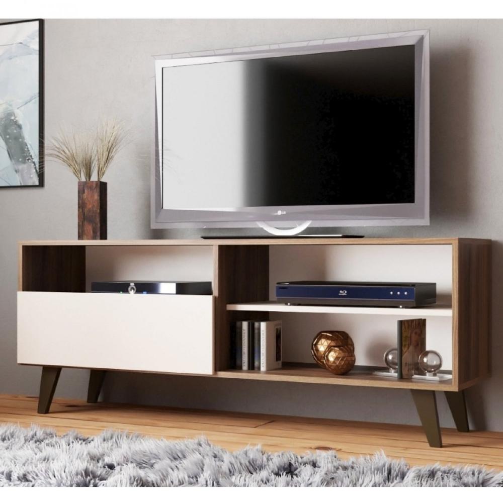 Miniatura Rack para TV até 55 Polegadas 3 Nichos 1 Porta Detroit J Carvalho Nogueira/Off White