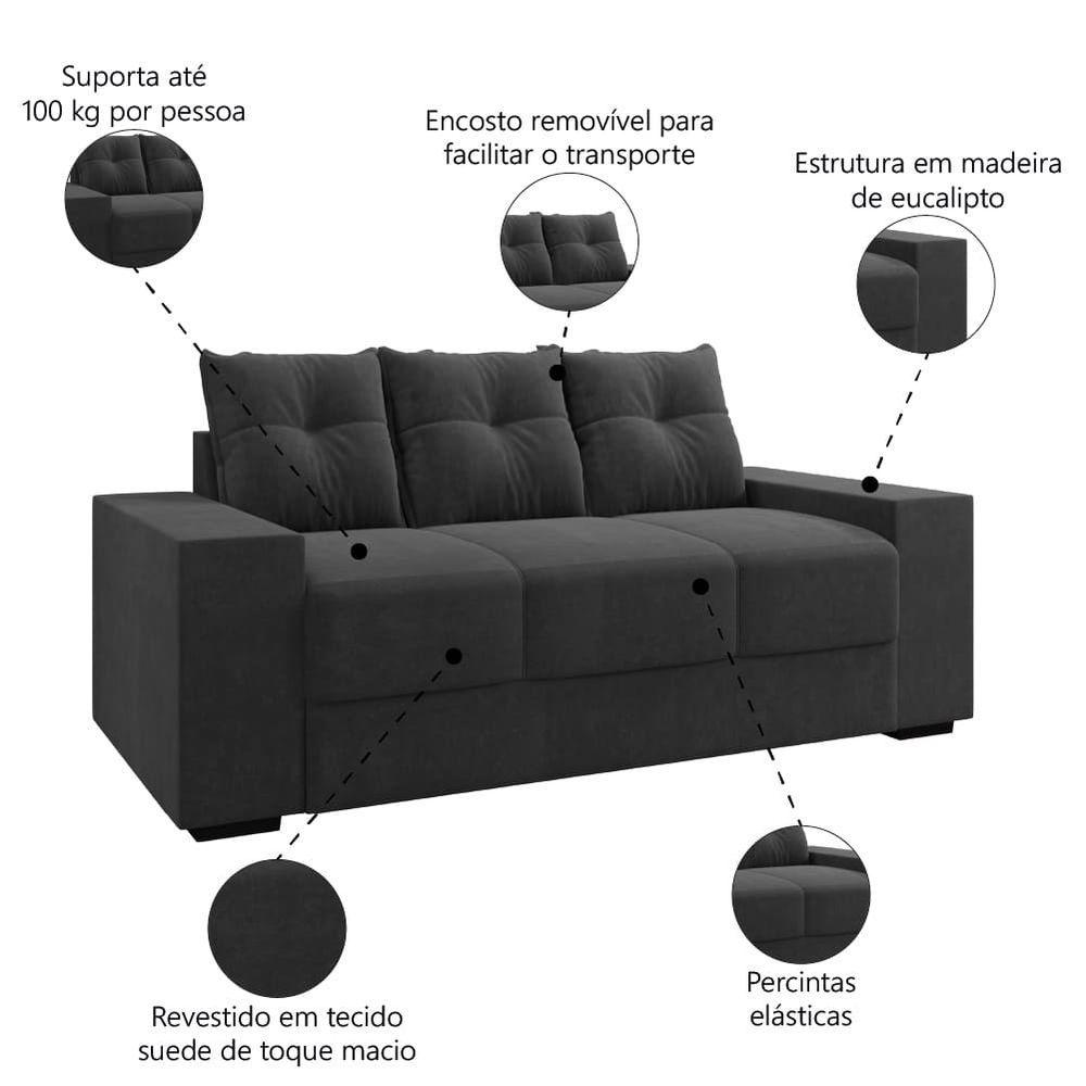 Miniatura Sofá Namoradeira 3 Lugares 1,70m Ibiza Suede Selmer Cinza