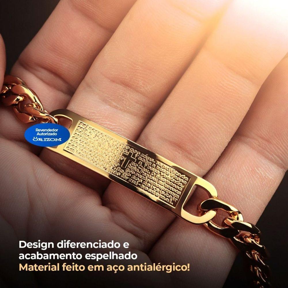 Pulseira Masculina Oração Pai Nosso Aço Banhada Ouro Original Catolica Moda Masculina Social Casual