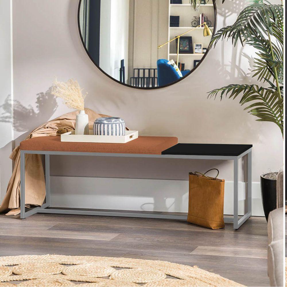 Miniatura Banco Recamier Puff 160cm Industrial Cinza Suede Terracota Tampo Quadrado Mdf Preto