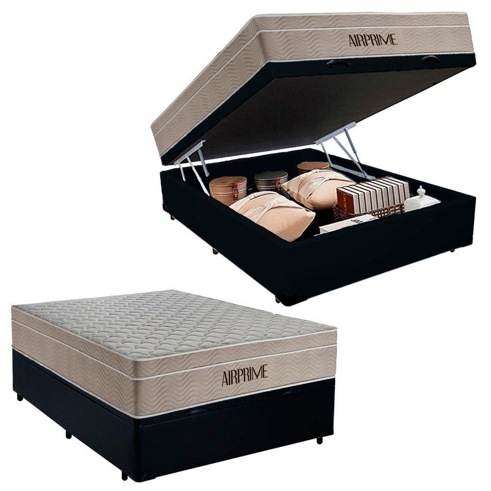 Miniatura Cama Box Baú Casal Sintético Cremil + Colchão Molas Ensacadas Airprime 138cm Preto - Suporta Até 120kg Por Pessoa