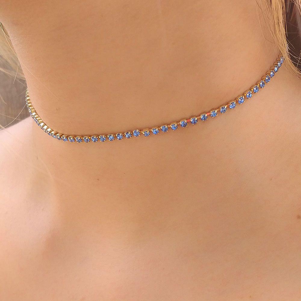 Miniatura Choker De Strass Azul Medio Folheado A Ouro18K
