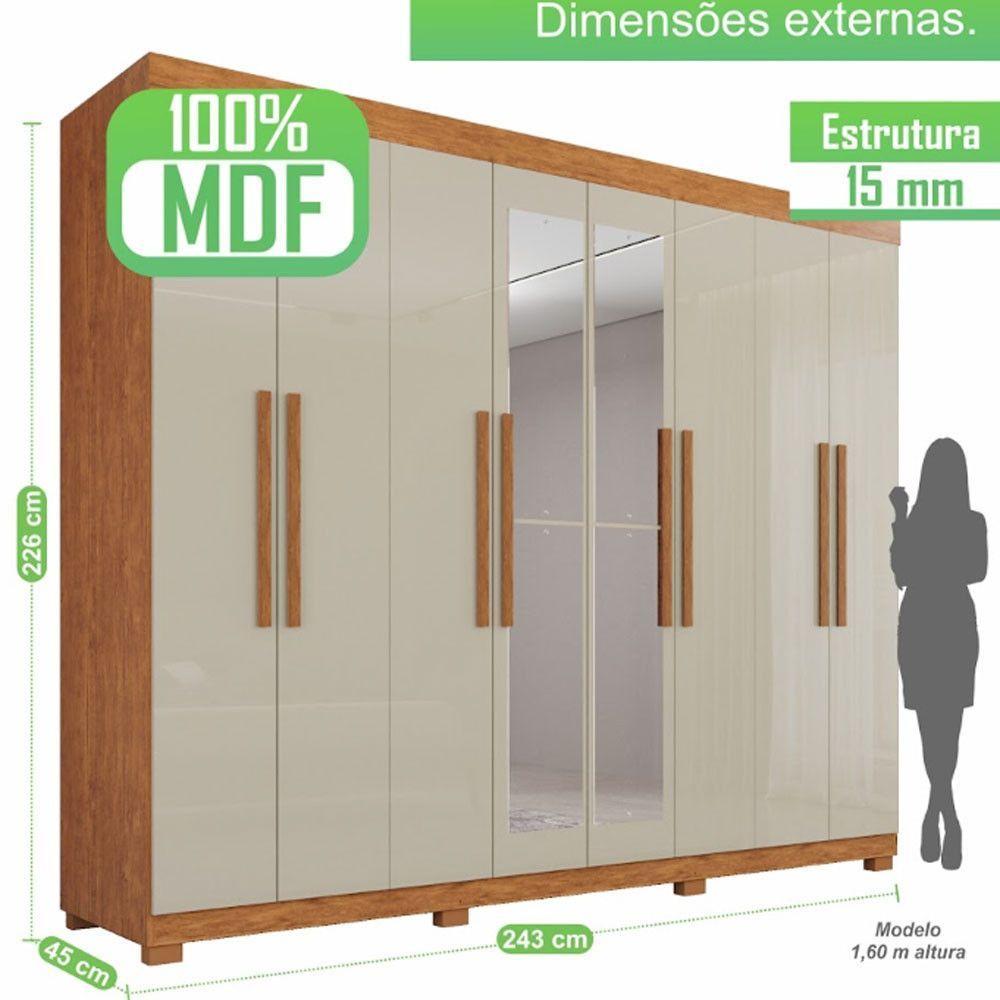Miniatura Guarda Roupa 8 Portas Com Espelho 4 Gavetas Milano Imop Móve Cinamomo Com Off White