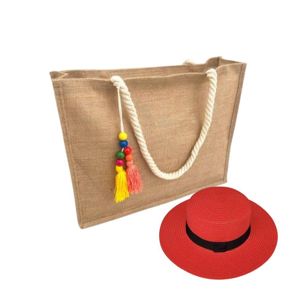 Miniatura Kit Chapéu Paris E Bolsa Palha Juta Zíper Praia Verão Moda Piscina vermelho