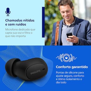 Fone de Ouvido Philips TAT2500BK/00 Bluetooth Cancelamento de Ruído Intra-Auricular TWS 24h Bateria Preto