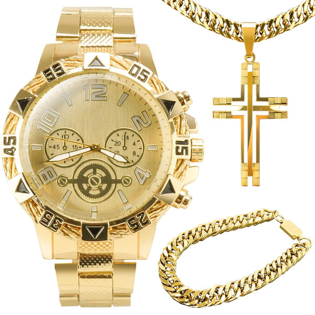 Miniatura Kit Relógio Masculino + Colar + Crucifixo + Pulseira