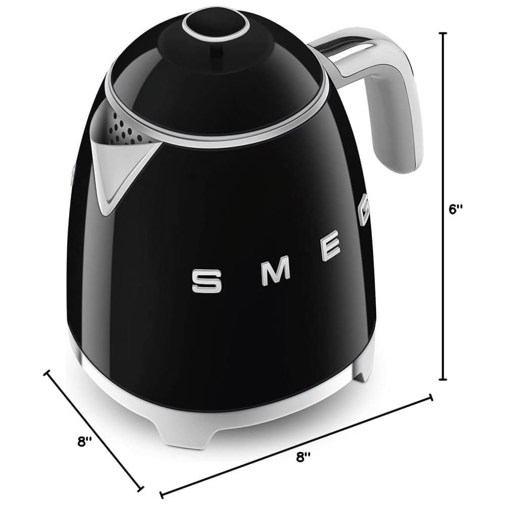 Miniatura Chaleira Elétrica SMEG Mini 50s Retro Style de 3 xícaras com Base Antideslizante de Parede Dupla e Indicador de Nível de Água - Preto