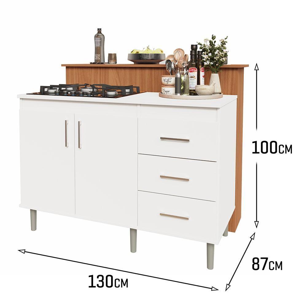 Miniatura Kit Bancada Ilha Para Cozinha + Balcão Para Cooktop 1,20m 5 Bocas 2 Portas E 3 Gavetas Turim Branco Branco